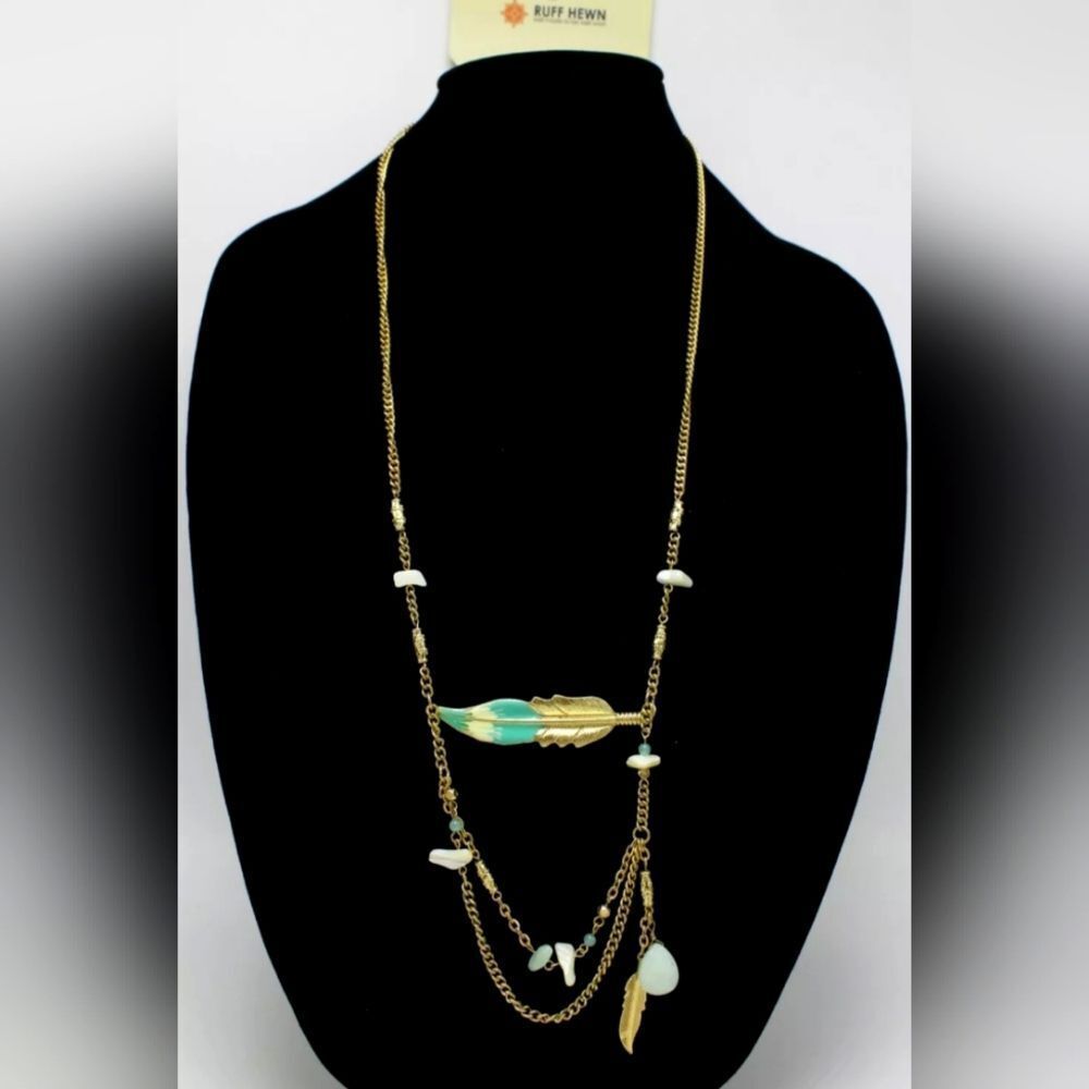 Ruff & Hewn Bohemian Southwest Style Feather Necklace 30" NWT